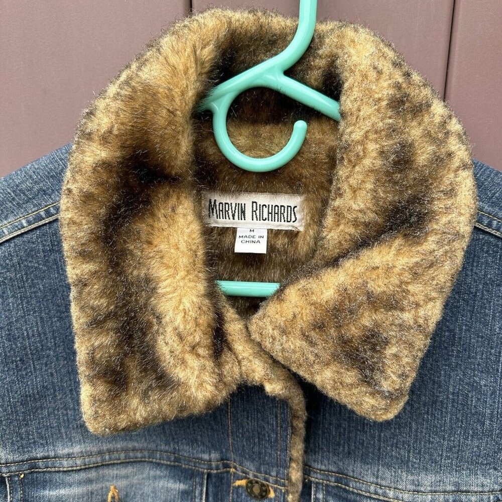 Vintage Marvin Richards Blue Denim Jean Jacket Faux Fur Lined Sz Medium 90s Y2K - Picture 3 of 14